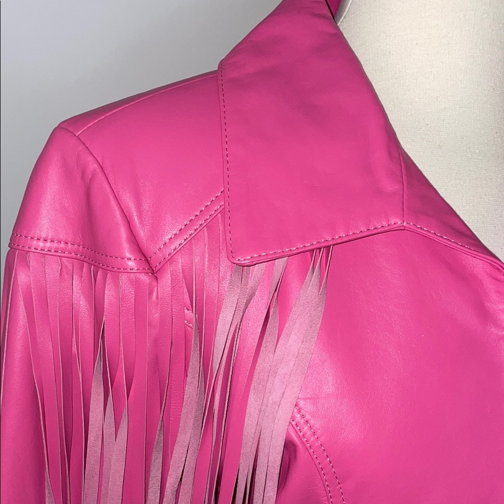 Chic Pink Leather Fringe Jacket - Picture 3 of 16